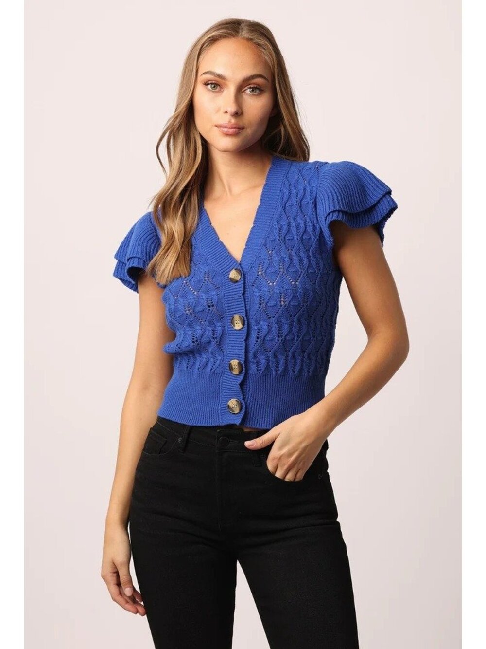 ANOTHER LOVE Size L Pointelle MIRA Flutter Sleeve Cardigan Sweater Cobalt Blue